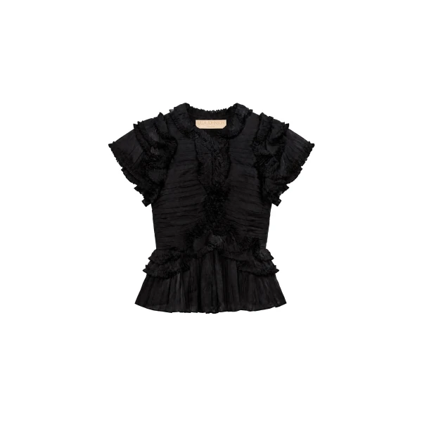 Ulla Johnson Corinne Ruffle Top in Noir | Short Sleeved | Coveti