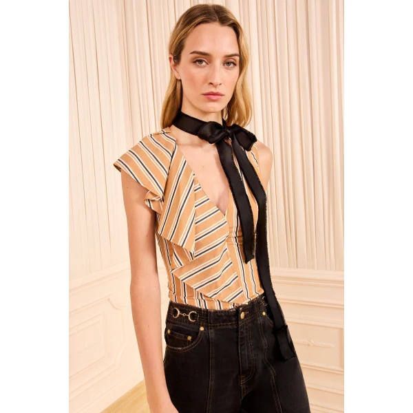 Ulla Johnson Cressida Top with Removable Tie in Fawn Stripe