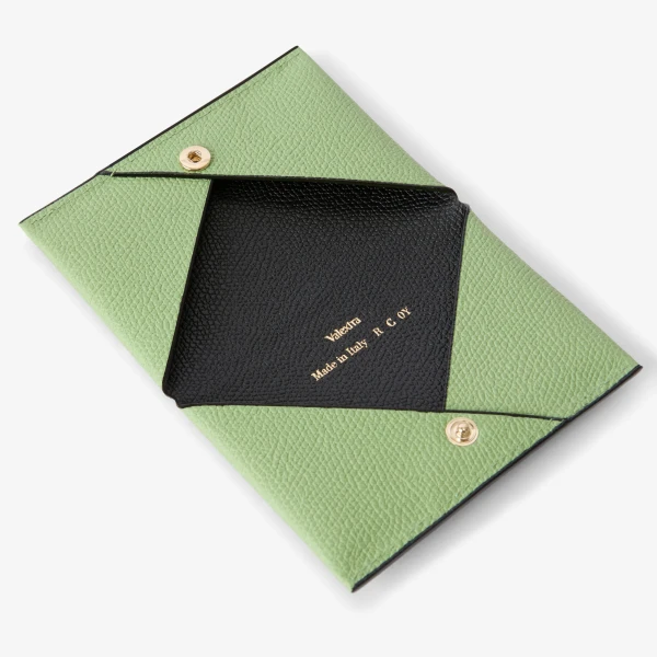 Valextra Card Case with Button in Aloe Green and Black | Wallets & Purses | Coveti