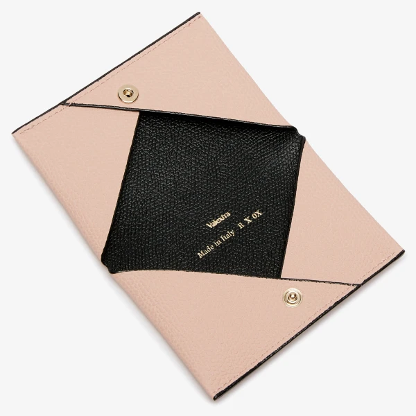 Valextra Card Case with Button in Bonne Mine Pink and Black | Wallets & Purses | Coveti