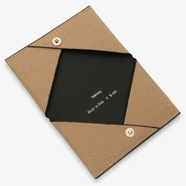 Valextra Card Case with Button in Cashmere Beige and Black | Wallets & Purses | Coveti