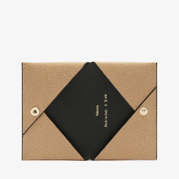 Valextra Card Case with Button in Cashmere Beige and Black | Wallets & Purses | Coveti