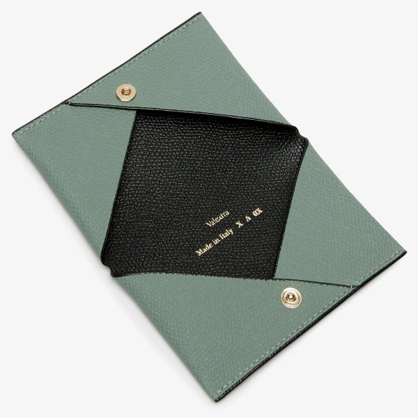Valextra Card Case with Button in Eucalyptus Green and Black | Wallets & Purses | Coveti