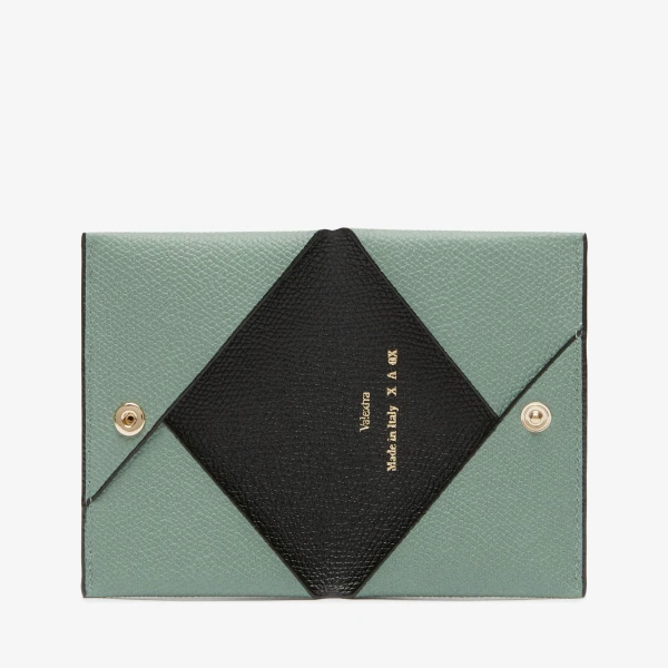 Valextra Card Case with Button in Eucalyptus Green and Black | Wallets & Purses | Coveti