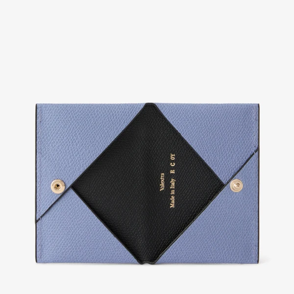Valextra Card Case with Button in Hydrangea Blue and Black | Wallets & Purses | Coveti