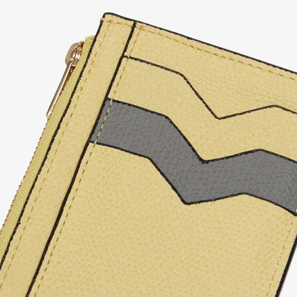 Valextra Card Holder with Zip Pocket 3CC in Vanilla Yellow and Cement Grey | Wallets & Purses | Coveti