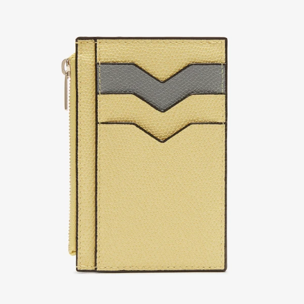 Valextra Card Holder with Zip Pocket 3CC in Vanilla Yellow and Cement Grey | Wallets & Purses | Coveti