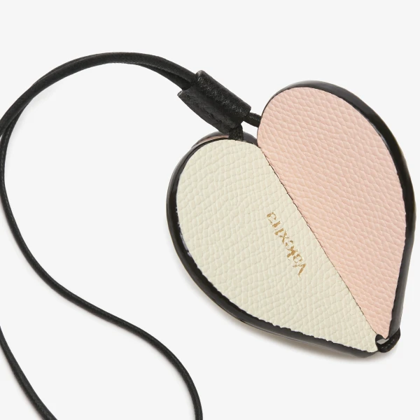 Valextra Heart Charm in Pergamena White, Bonne Mine Pink and Black | Bag charms | Coveti