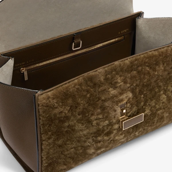 Valextra Iside Editor Shearling Top Handle Bag in Khaki | Totes & Top-Handle Bags | Coveti