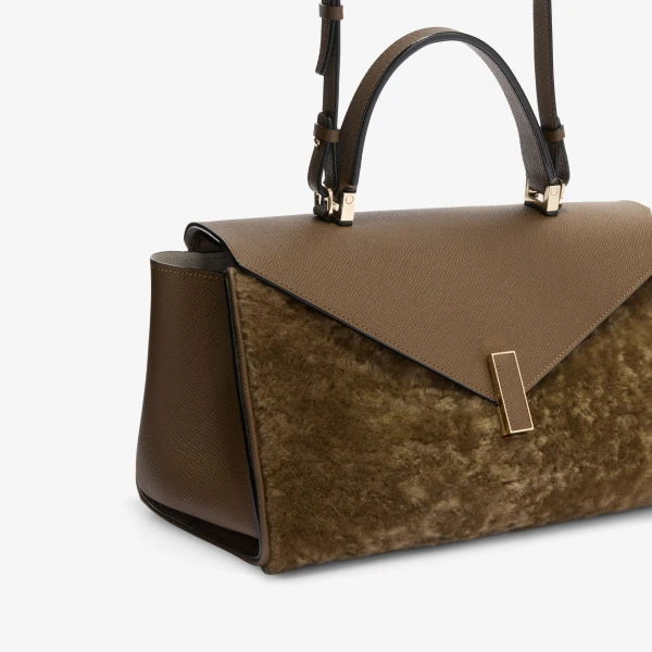 Valextra Iside Editor Shearling Top Handle Bag in Khaki | Totes & Top-Handle Bags | Coveti