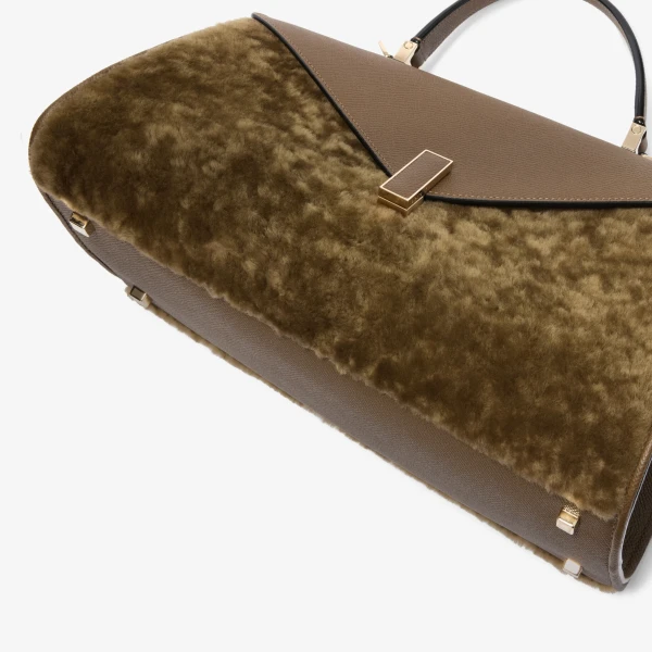 Valextra Iside Editor Shearling Top Handle Bag in Khaki | Totes & Top-Handle Bags | Coveti