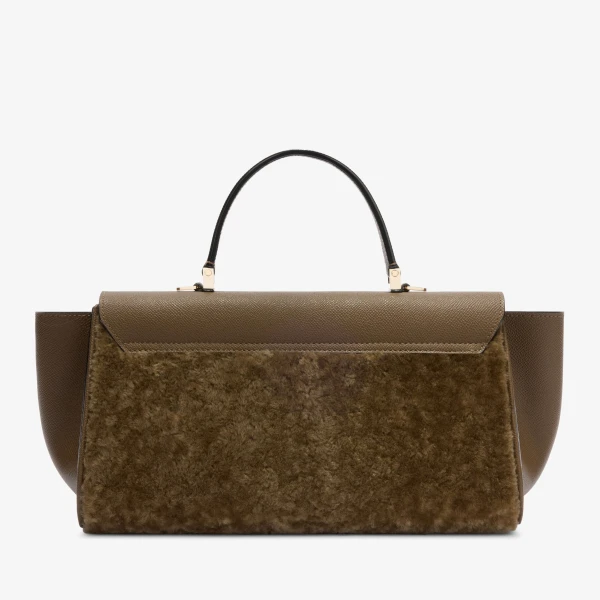 Valextra Iside Editor Shearling Top Handle Bag in Khaki | Totes & Top-Handle Bags | Coveti