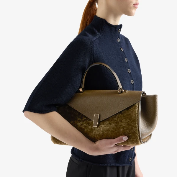 Valextra Iside Editor Shearling Top Handle Bag in Khaki | Totes & Top-Handle Bags | Coveti
