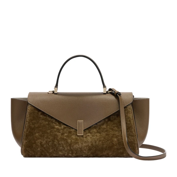 Valextra Iside Editor Shearling Top Handle Bag in Khaki | Totes & Top-Handle Bags | Coveti