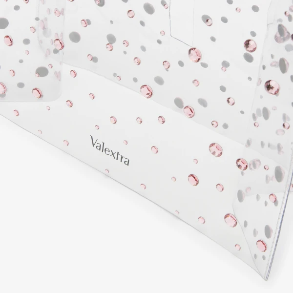 Valextra Iside Mini Rhinestone Raincoat in Transparent and Peony Pink | Bag Accessories | Coveti