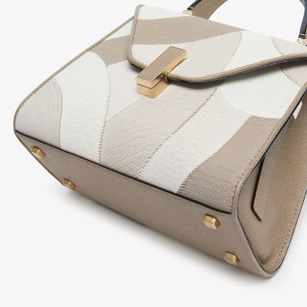 Valextra Iside Patchwork Top Handle Mini Bag in Oyster Brown and Beige Colour Mix | Mini Bags | Coveti
