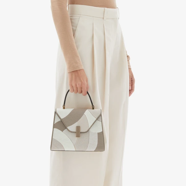 Valextra Iside Patchwork Top Handle Mini Bag in Oyster Brown and Beige Colour Mix | Mini Bags | Coveti