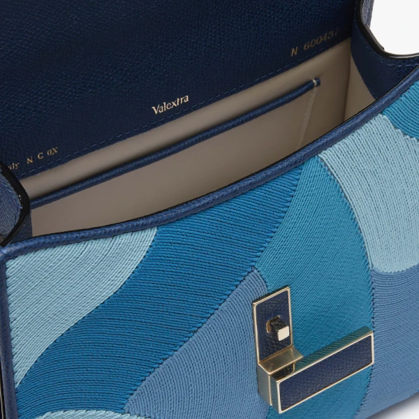 Valextra Iside Patchwork Top Handle Mini Bag in Sapphire Blue and Blue Colour Mix | Mini Bags | Coveti
