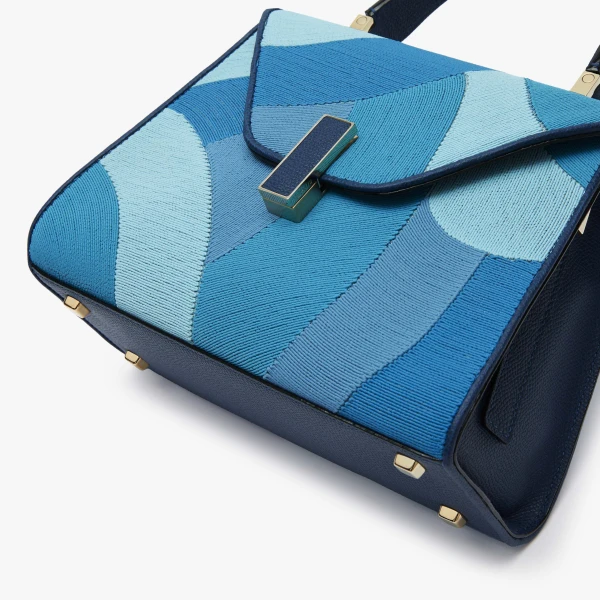 Valextra Iside Patchwork Top Handle Mini Bag in Sapphire Blue and Blue Colour Mix | Mini Bags | Coveti