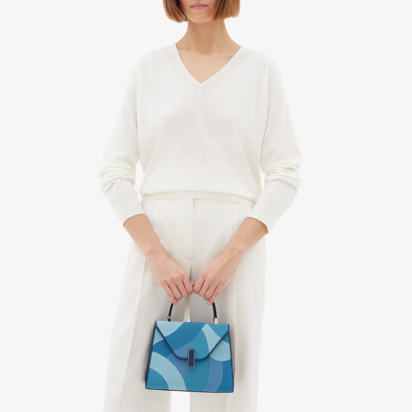 Valextra Iside Patchwork Top Handle Mini Bag in Sapphire Blue and Blue Colour Mix | Mini Bags | Coveti
