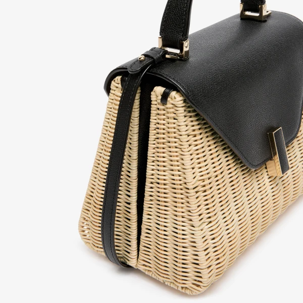 Valextra Iside Wicker Top Handle Medium Bag in Beige and Black | Totes & Top-Handle Bags | Coveti