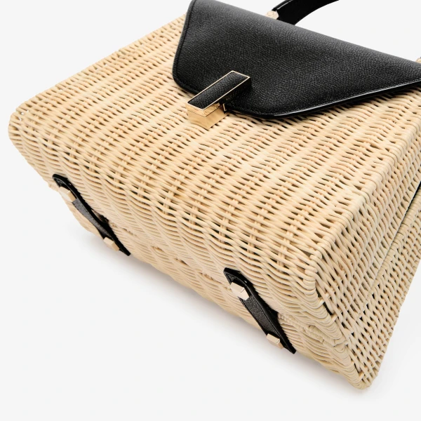 Valextra Iside Wicker Top Handle Medium Bag in Beige and Black | Totes & Top-Handle Bags | Coveti