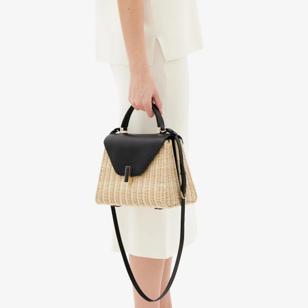 Valextra Iside Wicker Top Handle Medium Bag in Beige and Black | Totes & Top-Handle Bags | Coveti