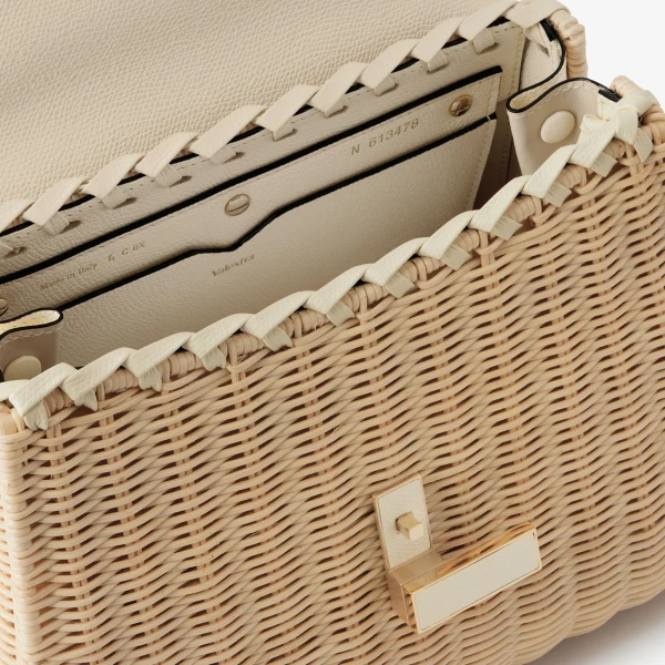 Valextra Iside Wicker Top Handle Medium Bag in Beige and Pergamena White | Totes & Top-Handle Bags | Coveti