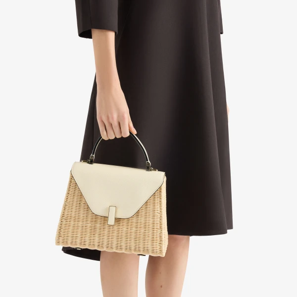 Valextra Iside Wicker Top Handle Medium Bag in Beige and Pergamena White | Totes & Top-Handle Bags | Coveti