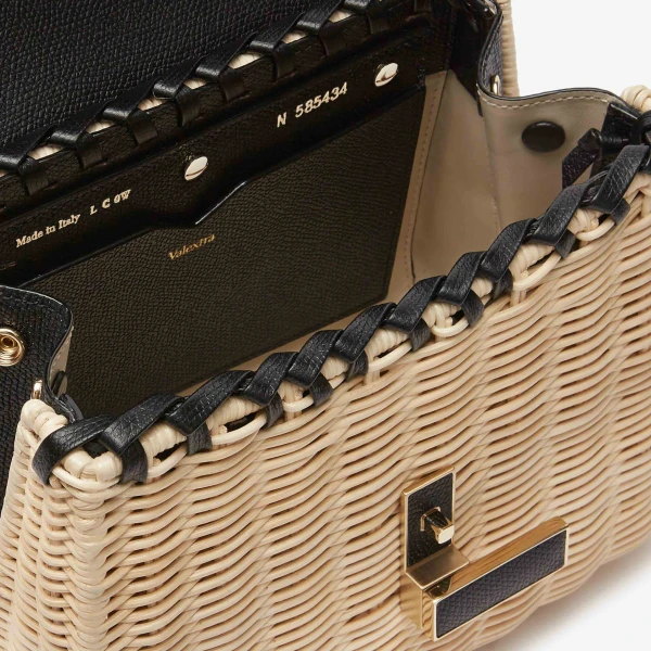 Valextra Iside Wicker Top Handle Mini Bag in Beige and Black | Mini Bags | Coveti