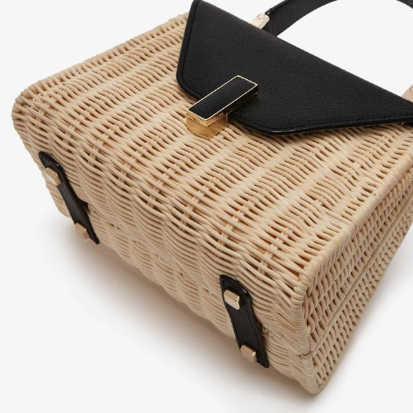 Valextra Iside Wicker Top Handle Mini Bag in Beige and Black | Mini Bags | Coveti