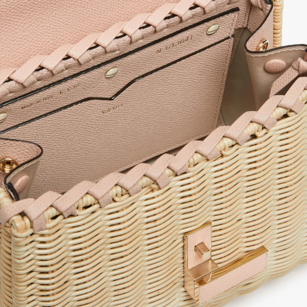 Valextra Iside Wicker Top Handle Mini Bag in Beige and Bonne Mine Pink | Mini Bags | Coveti