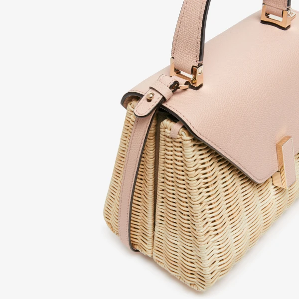 Valextra Iside Wicker Top Handle Mini Bag in Beige and Bonne Mine Pink | Mini Bags | Coveti