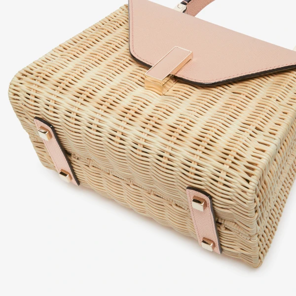 Valextra Iside Wicker Top Handle Mini Bag in Beige and Bonne Mine Pink | Mini Bags | Coveti