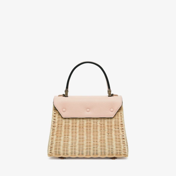Valextra Iside Wicker Top Handle Mini Bag in Beige and Bonne Mine Pink | Mini Bags | Coveti