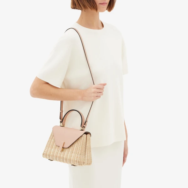 Valextra Iside Wicker Top Handle Mini Bag in Beige and Bonne Mine Pink | Mini Bags | Coveti