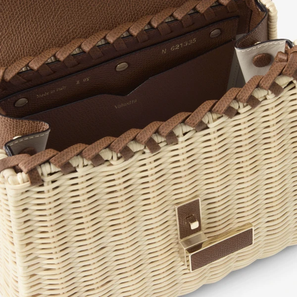 Valextra Iside Wicker Top Handle Mini Bag in Beige and Chocolate Brown | Mini Bags | Coveti