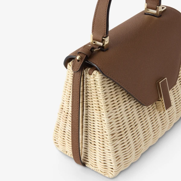 Valextra Iside Wicker Top Handle Mini Bag in Beige and Chocolate Brown | Mini Bags | Coveti