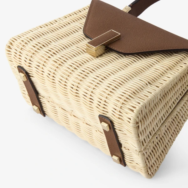 Valextra Iside Wicker Top Handle Mini Bag in Beige and Chocolate Brown | Mini Bags | Coveti