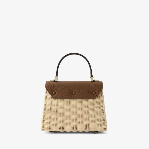 Valextra Iside Wicker Top Handle Mini Bag in Beige and Chocolate Brown | Mini Bags | Coveti