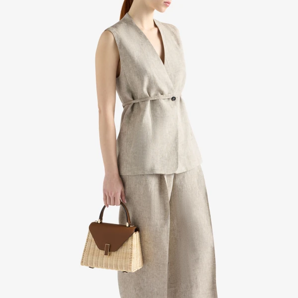 Valextra Iside Wicker Top Handle Mini Bag in Beige and Chocolate Brown | Mini Bags | Coveti