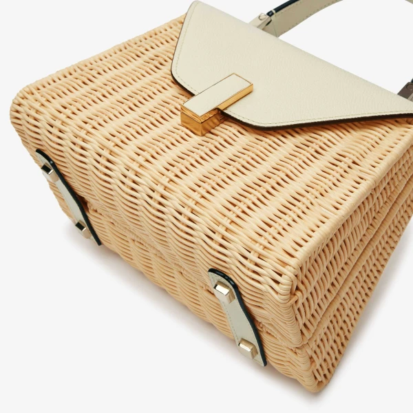 Valextra Iside Wicker Top Handle Mini Bag in Beige and Pergamena White | Mini Bags | Coveti
