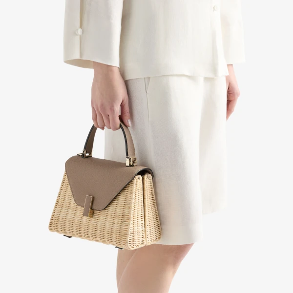 Valextra Iside Wicker Top Handle Mini Bag in Beige and Sahara | Mini Bags | Coveti