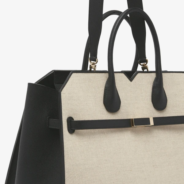 Valextra Milano Canvas Two Handles Large Bag in Sand Brown and Black | Totes & Top-Handle Bags | Coveti
