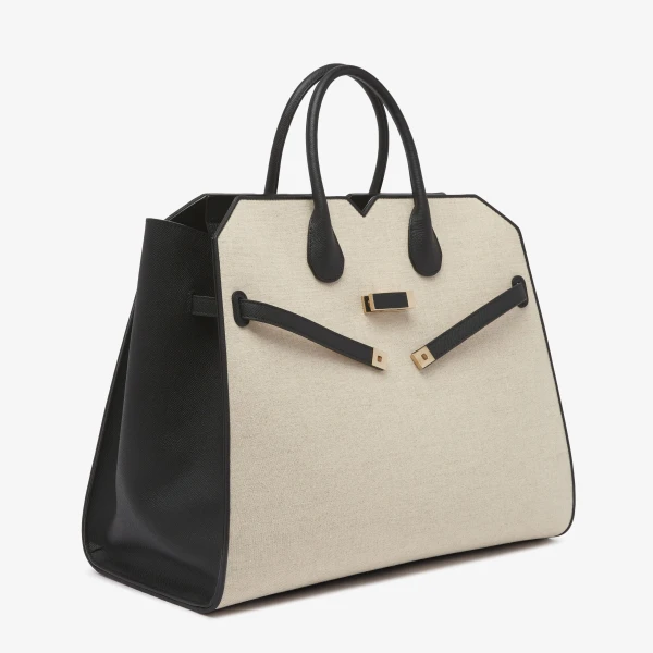 Valextra Milano Canvas Two Handles Large Bag in Sand Brown and Black | Totes & Top-Handle Bags | Coveti