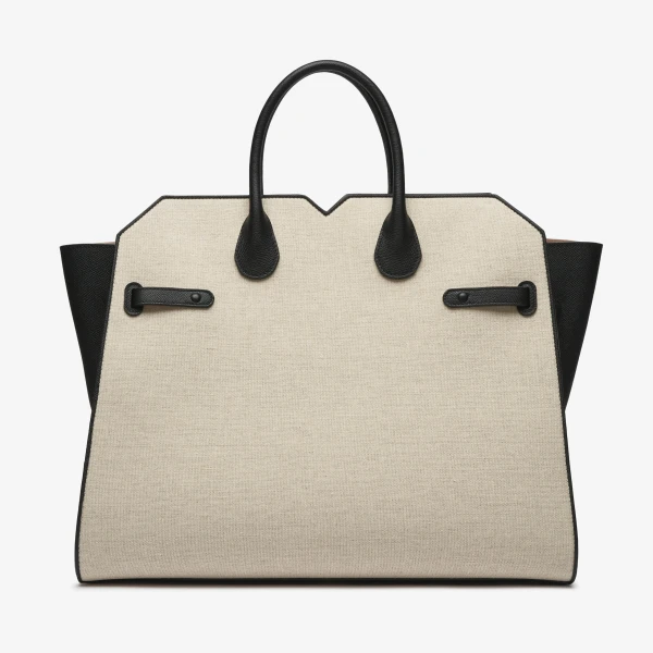 Valextra Milano Canvas Two Handles Large Bag in Sand Brown and Black | Totes & Top-Handle Bags | Coveti