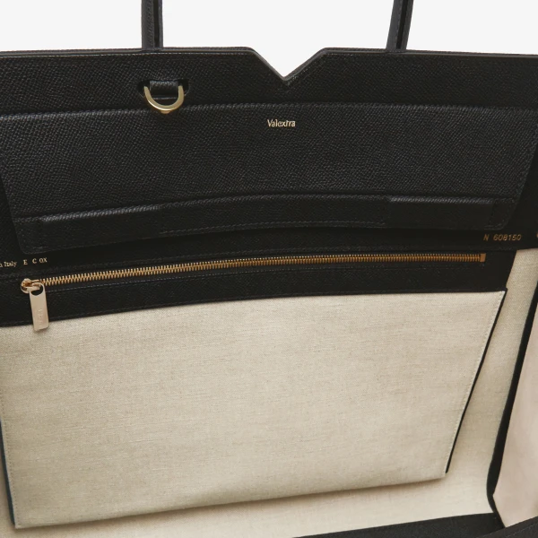 Valextra Milano Canvas Two Handles Large Bag in Sand Brown and Black | Totes & Top-Handle Bags | Coveti