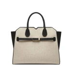 Valextra Milano Canvas Two Handles Medium Bag in Sand Brown and Black | Totes & Top-Handle Bags | Coveti