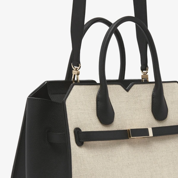 Valextra Milano Canvas Two Handles Medium Bag in Sand Brown and Black | Totes & Top-Handle Bags | Coveti
