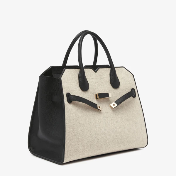 Valextra Milano Canvas Two Handles Medium Bag in Sand Brown and Black | Totes & Top-Handle Bags | Coveti